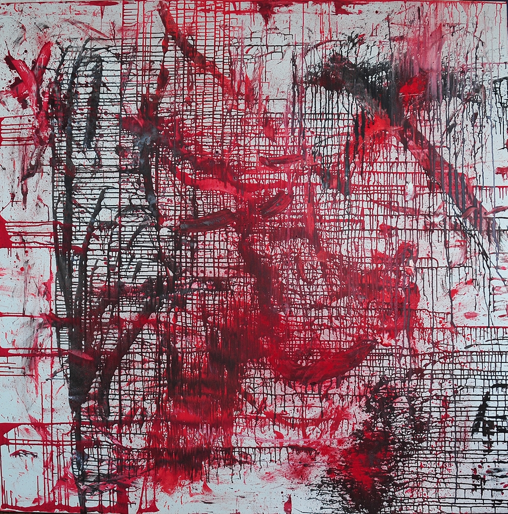 "WE in RED LX" ( Nr. 60!), 2020, oil, pigments on canvas, 2 meters × 2 meters, copyright Christina Mitterhuber