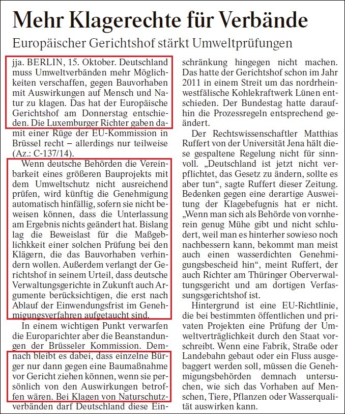 FAZ v. 16.10.2015 - Wegweisend auch für den Bau von Windrädern!