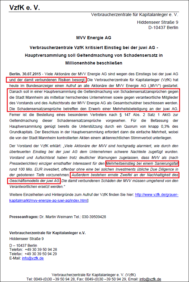 Verbraucherzentrale für Kapitalanleger e.v. vom 30.07.2015