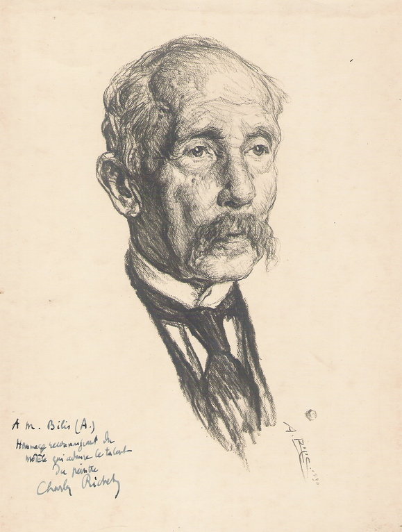 Richet Charles, médecin prix Nobel 1930 fusain André Aaron Bilis