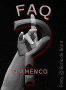 Titelfoto zu FAQ Flamenco/-Tanz & mehr; zusehen ist ein großes Fragezeichen, der Text FAQ Flamenco und eine nach oben zeigende Hand (Finger) mit Unterarm einer Flamencotänzerin als Hintergrund /SW-Foto by Boris de Bonn
