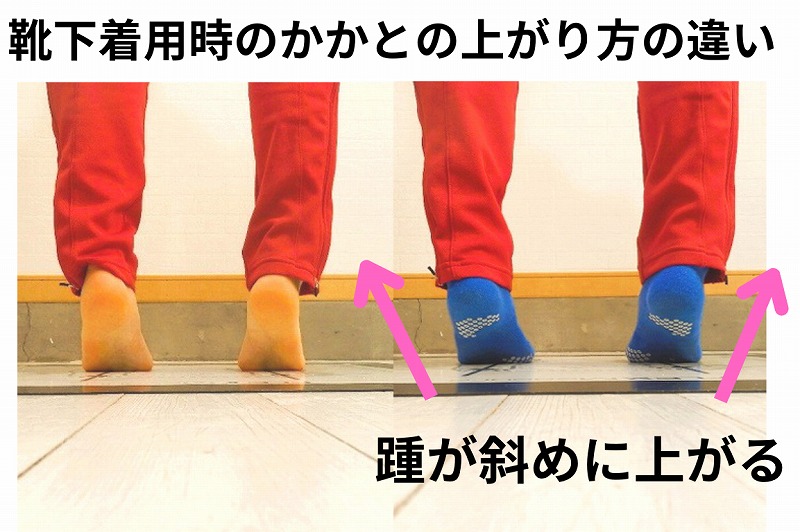 alt="市販の靴下とラクちんソックス着用時における足首とかかとの安定性の比較"