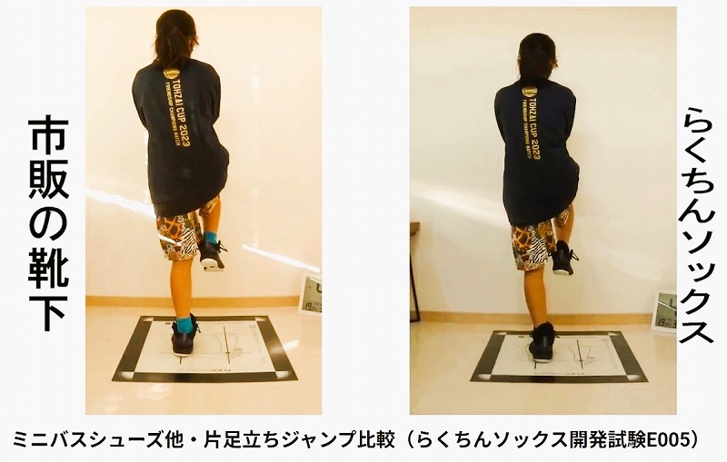 バスケ用シューズで片足立ち時に体が左に傾き、膝が内側に崩れている。捻挫の癖や外側筋肉への負担が推察される。