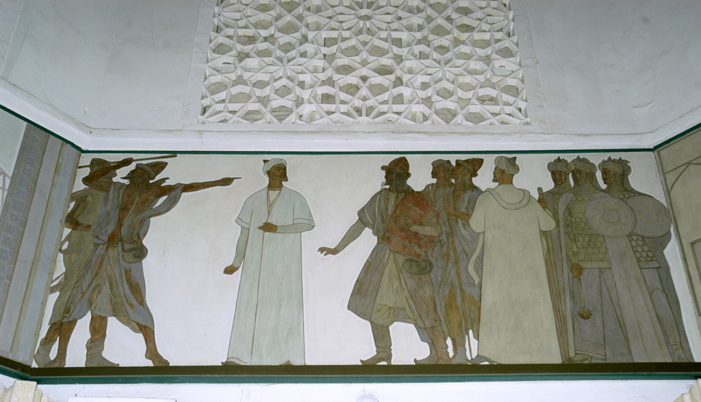 Fresque d'Ulugh Beg et d'Ali Kuschchi, Musée de l'Observatoire d'Ulugh Beg à Samarcande (photo : C.Ollagnier, 2008).