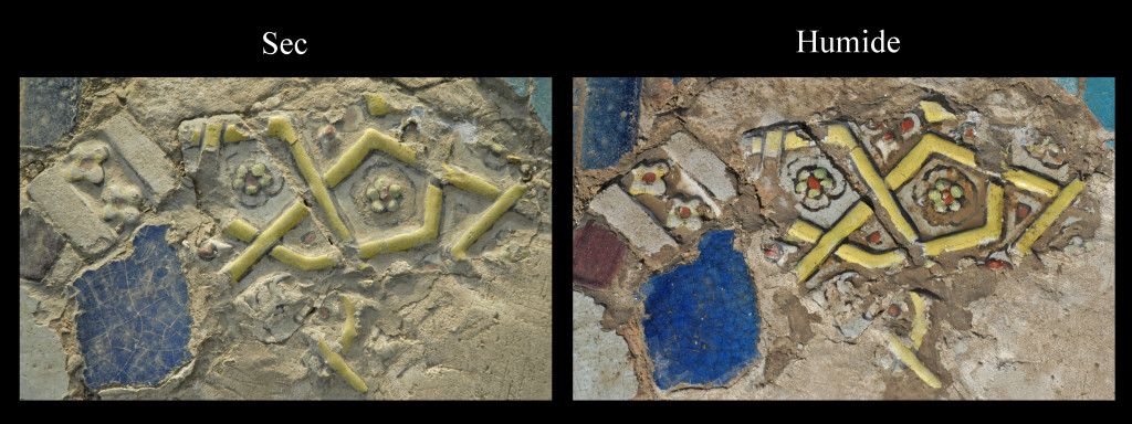 Fragments de carreaux de céramique glaçurée monochromes ou polychromes qui ne semblent pas être en place, ou du moins pas à la place à laquelle ils étaient originellement destinés (photo : M.Schvoerer, 2008)