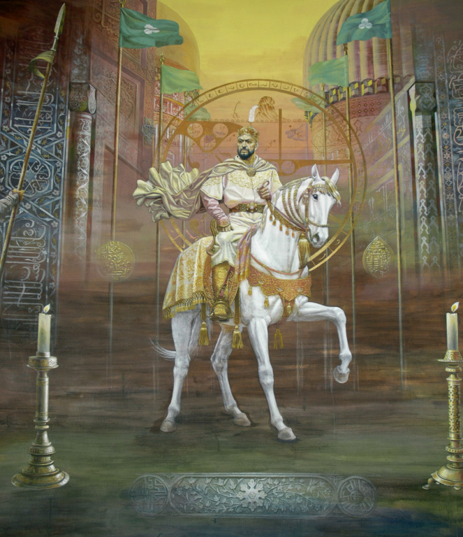 Fresque représentant les timourides, ici Timour à cheval,  Musée d'Histoire de Tachkent. Peinte en 2001 par A.Alikulov, A.Agahanyans et Z.Gulmetov (photo : Ollagnier, 2008)