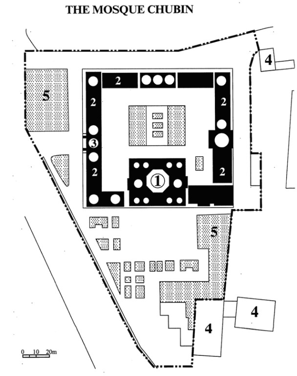 Plan de la merdersa Chubin, devenue Musée Amir Temur. 1 : salle de prière; 2 : chambres des étudiants; 3 : hall d'entrée; 4 : autres bâtiments; 5 : jardins. En pointillés : limite de la zone protégée (Dossier de classement de Shahrisabz, 1993)