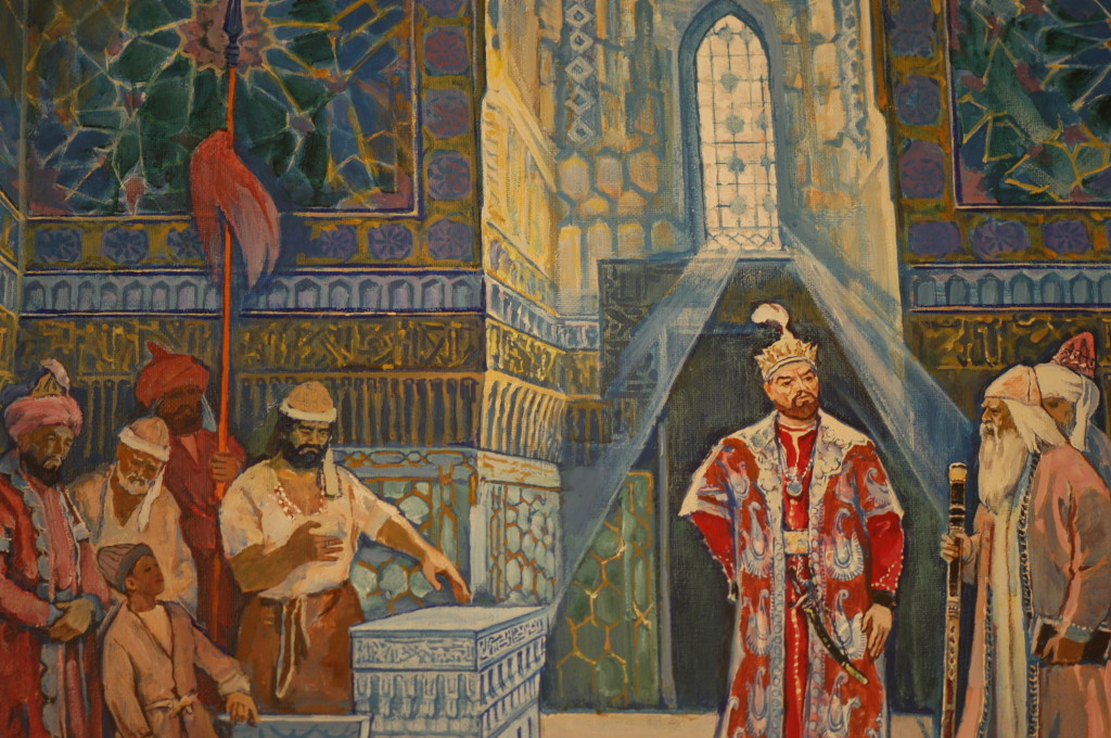 Amir Timur au mausolée (du Gur Emir), détail d'une oeuvre contemporaine de V.Rinal, conservée au Musée Amir Temur de Tachkent (photo : M.Schvoerer, 2008)