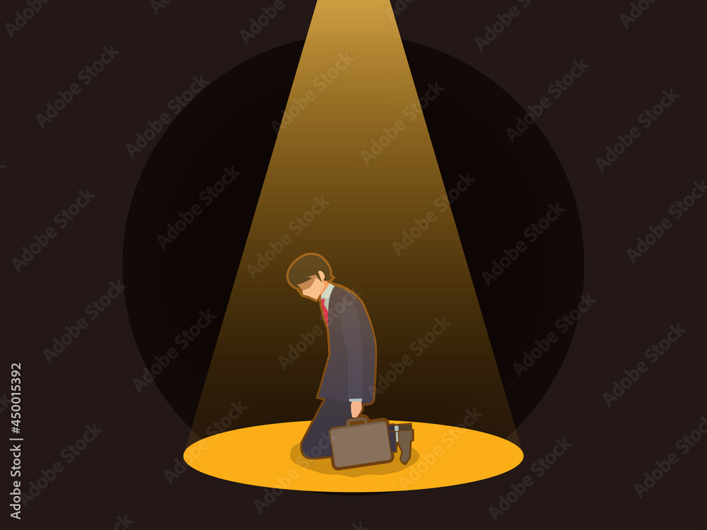 スポットライトの中 膝を付いて落ち込む男性会社員 絶望 人物フラットイラスト素材 作品一覧