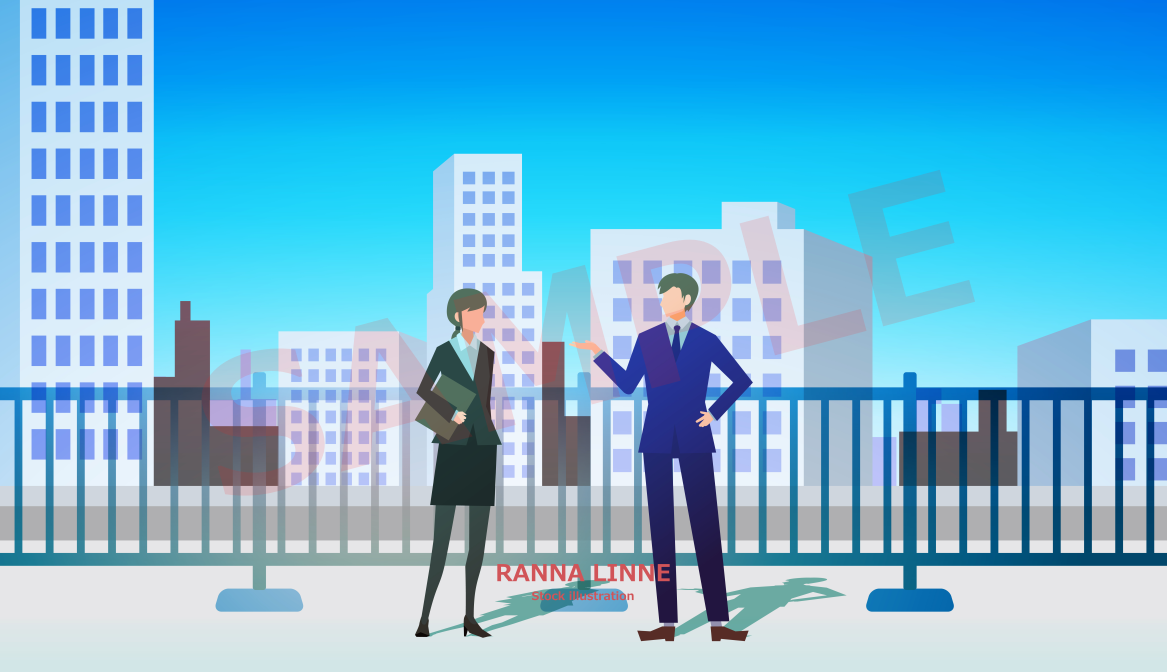 屋上で会話するスーツ姿の男女 風景 都市 フラットイラスト素材 作品一覧 屋上で会話するスーツ姿の男女 風景 都市 フラットイラスト素材 作品一覧