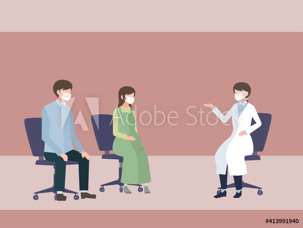病院で女性医師に診察を受ける夫婦 妊婦さん フラットイラスト 作品一覧
