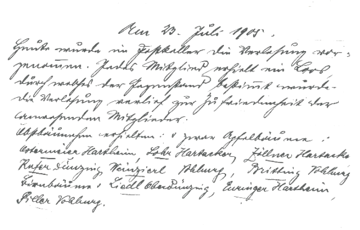 Bericht über die Versammlung vom 23.07.1905, auf der die Verlosung stattfand.