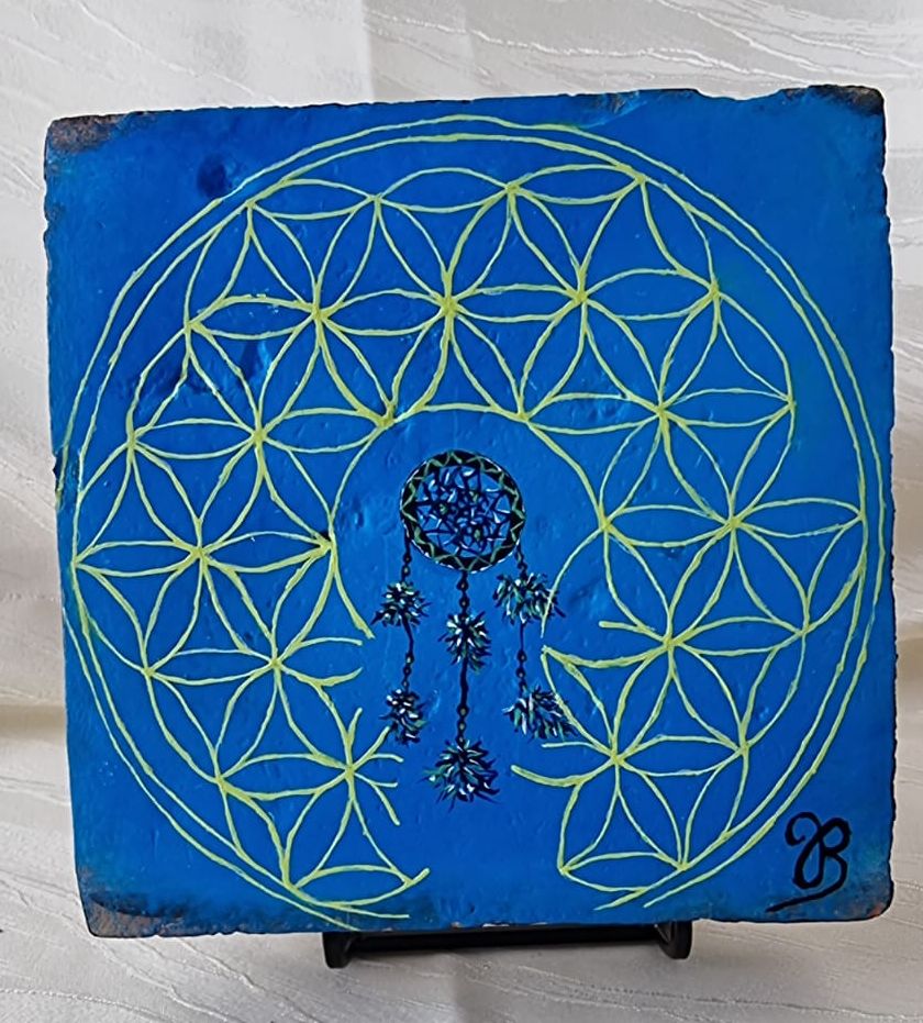 Tomette-3      17 cm x 17 cm     Blume des Lebens mit "Traumfänger"
