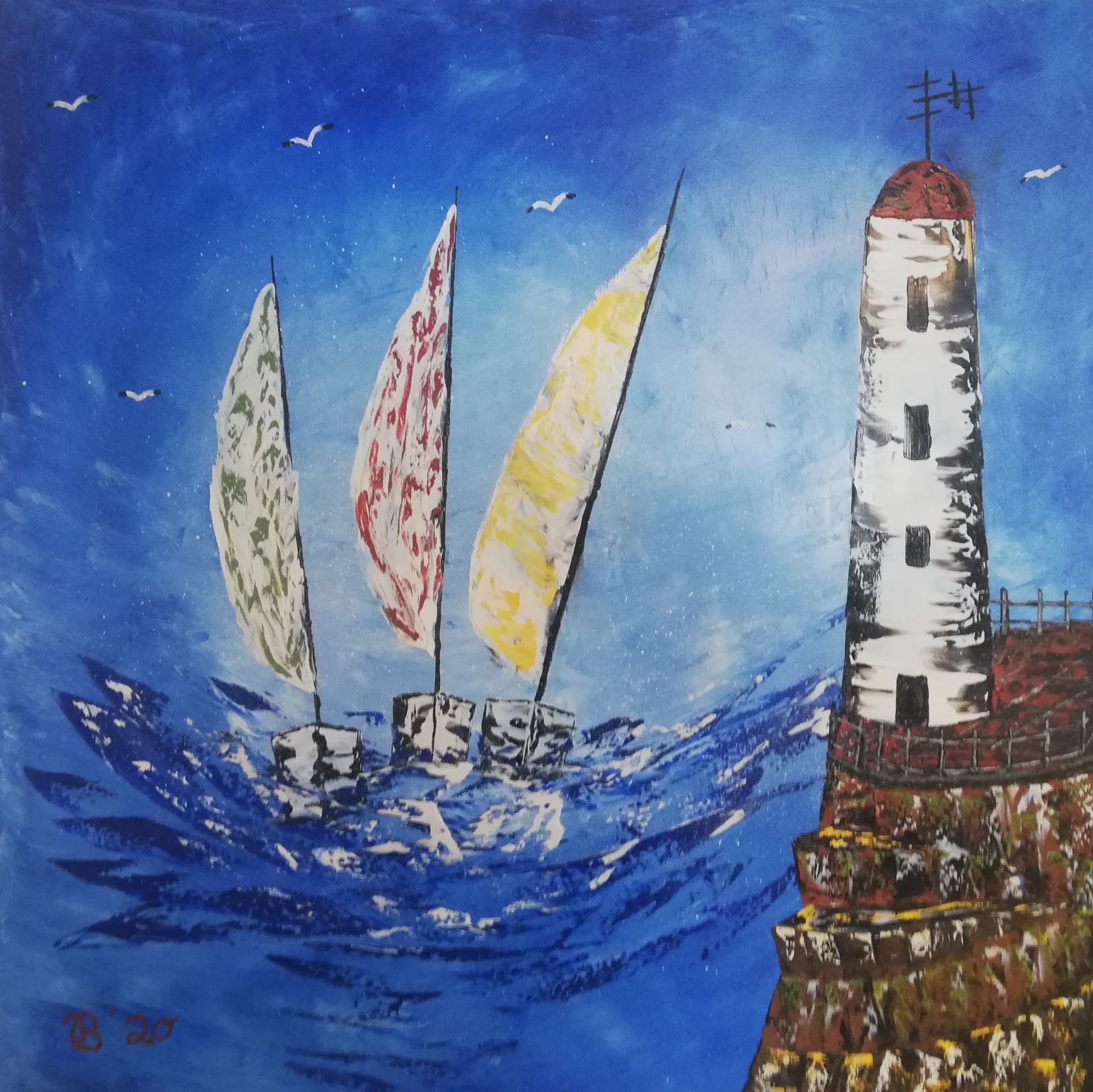 (35)     Segelschiffe am Leuchtturm     80 cm x 80 cm