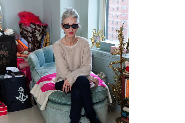 Linda Rodin in her perfect pale blue New York apartment, color by Eve Ashcraft