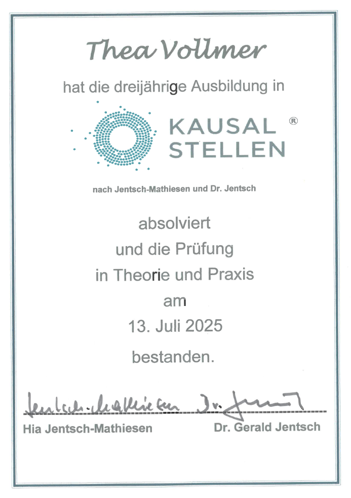 Wir arbeiten mit deinem Lösungssatz und dem Grund, also der Kausa des mitgebrachten Themas zum Aufstellen.