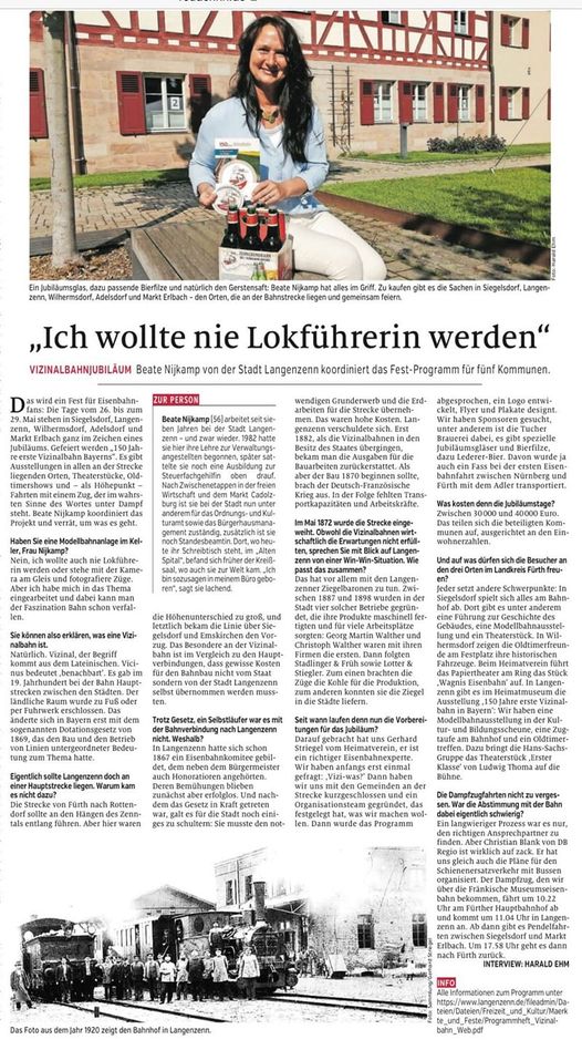 Zeitungsartikel: über Beate Nijkamp von der Stadt Langenzenn koordiniert das Festprogramm für für Kommunen