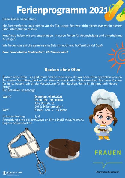 Ferienprogramm der Frauen Union Seukendorf - Backen ohne Ofen am 03.08.2021 