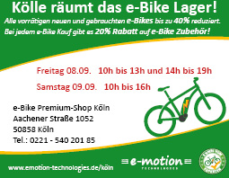 e-motion e-Bike Premium Shop Köln Ausverkauf mit bis zu 40% Rabatt auf e-Bikes, Pedelecs und Speed-Pedelecs