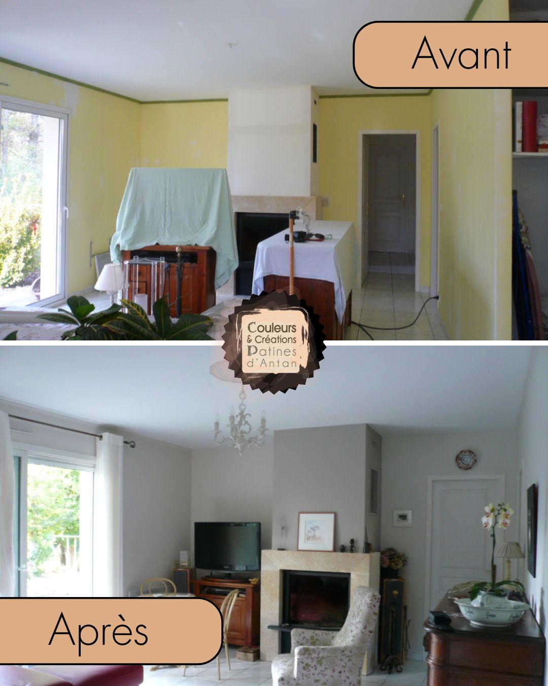 Relooking pour moderniser et rendre plus cosy une pièce de vie avec cheminée