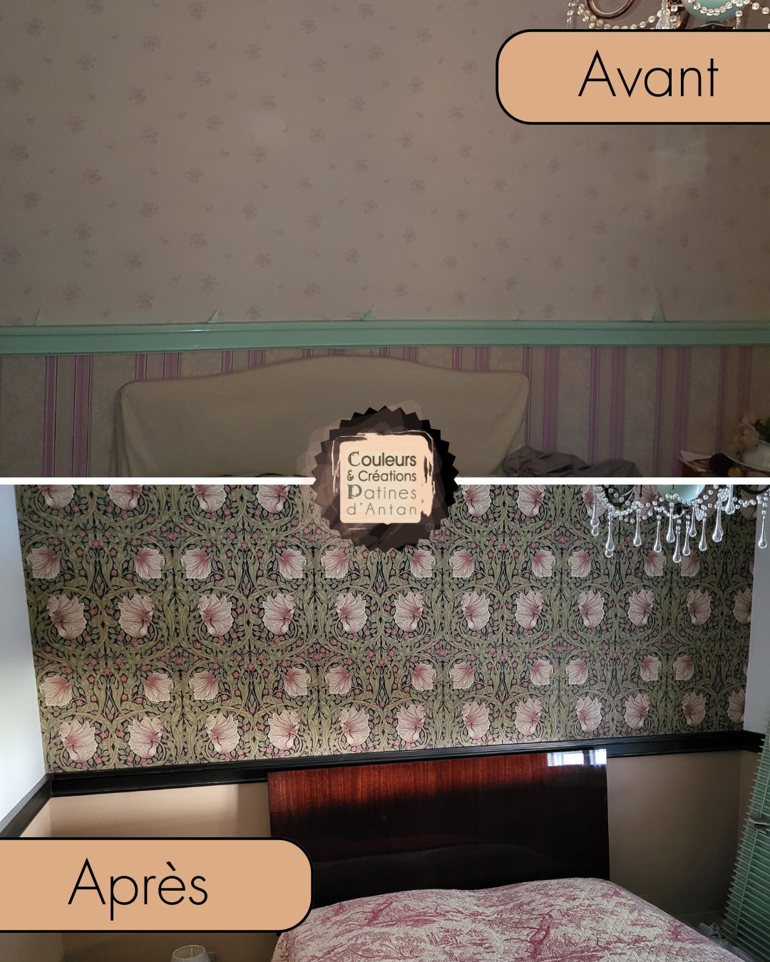 Relooking complet d'une chambre avec volonté de mettre en avant une tête de lit de famille 