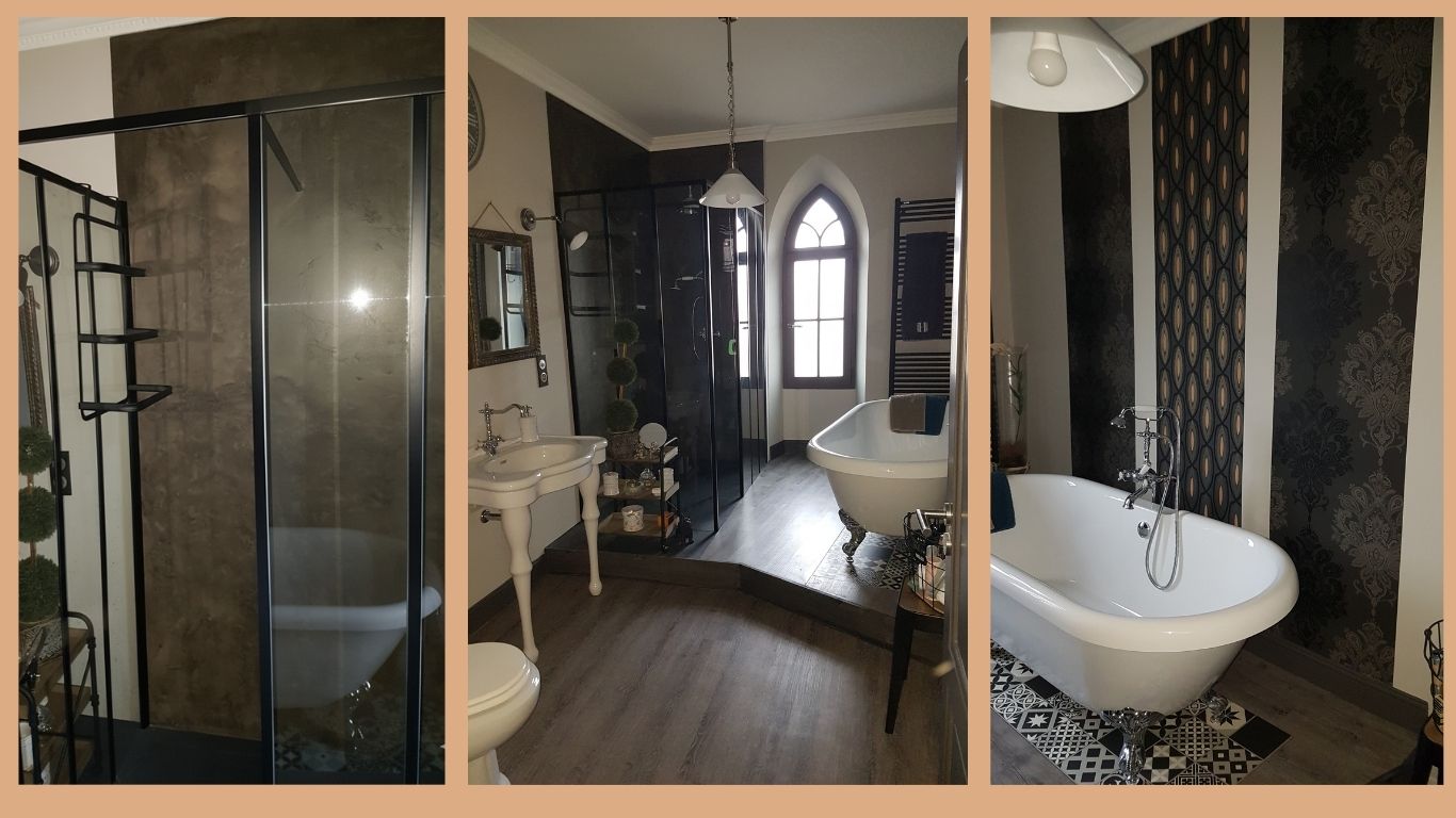 Rénovation complète d'une salle de bain avec enduit béton minéral (mur de douche), peinture et pose de papier peint dans une ambiance rétro contemporain