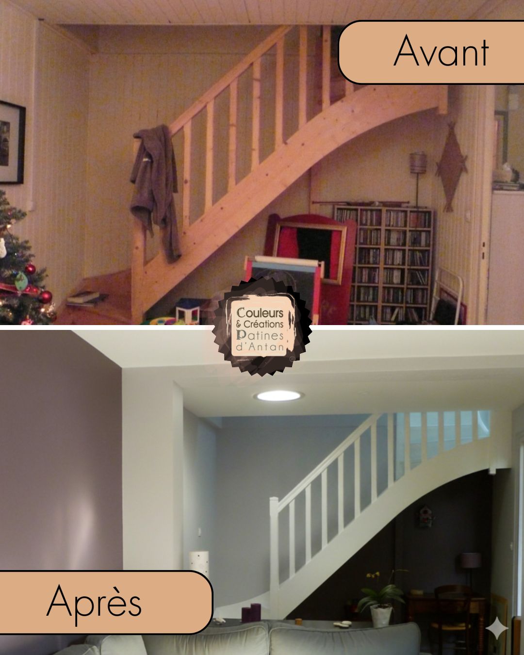 Rénovation d'une pièce de vie avec cage d'escalier, suppression du lambris omniprésent