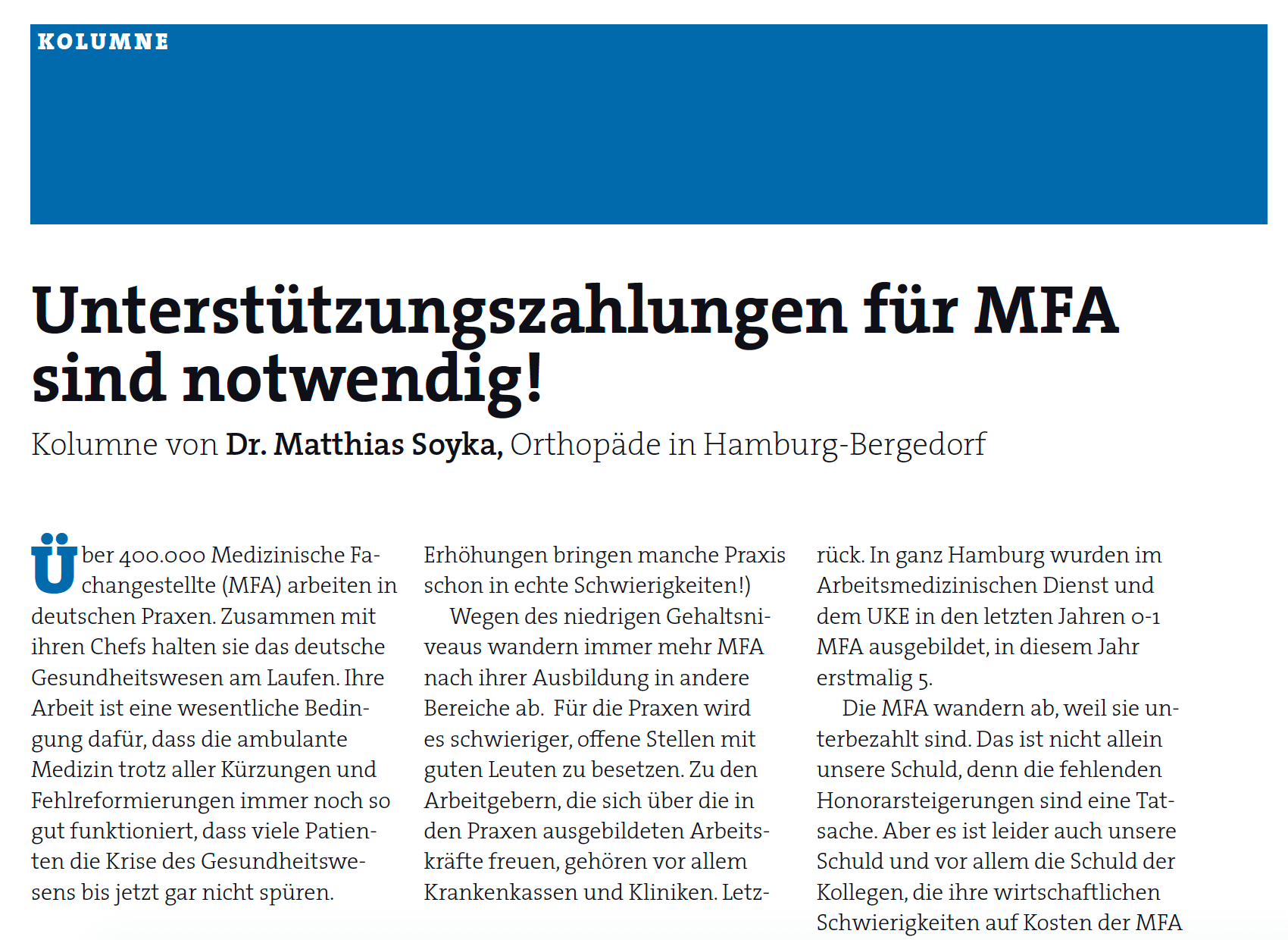 Unterstützungszahlungen für MFA sind notwendig!