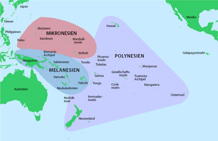 Pazifische Inselregionen (Quelle: https://de.wikipedia.org/wiki/Polynesien#/media/Datei:Pacific_Culture_Areas-de.png)