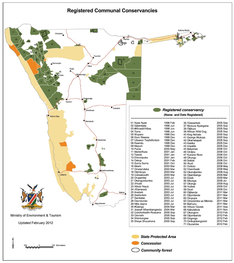 Registrierte kommunale Conservanys in Namibia (Quelle: https://sites.utexas.edu/wildlife/files/2015/01/Namibia-conservancies-map.jpg, 31.01.20)