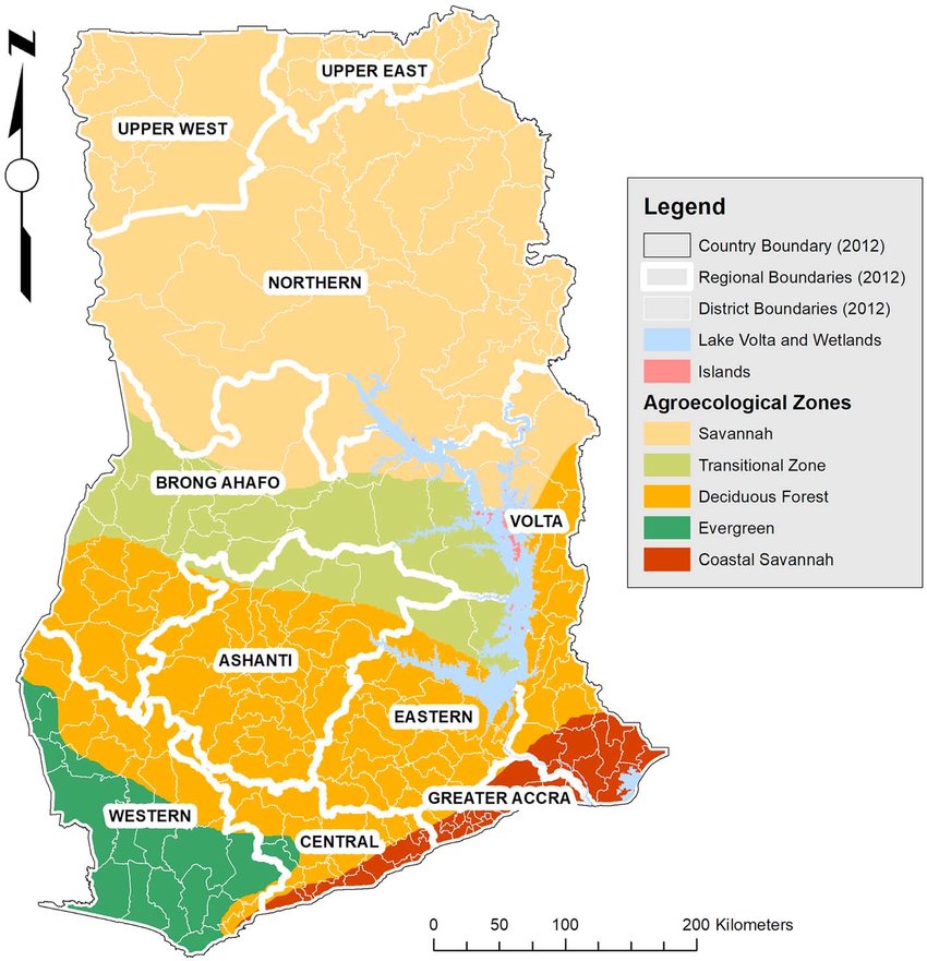 Agro-ecological zones of Ghana: Savannah, Transitional Zone, Deciduous Forest, Evergreen and Coastal Savannah (Source: Harvest Choice, 2005).