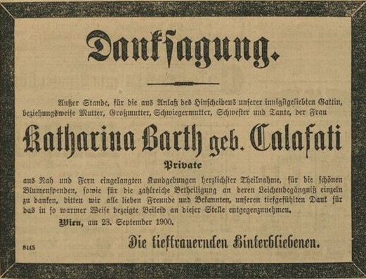 Danksagung nach Tod. v. Katharina Barth geb. Calafati