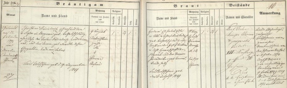 Trauungsmatrikel Christian Radislowitsch und Helene von Uhl 1874