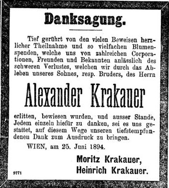 Danksagung nach dem Tod v. Alexander Krakauer 1894