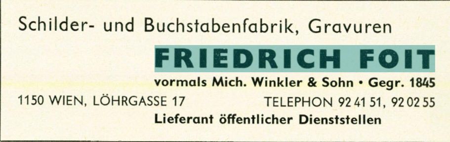 Werbeeinschaltung Friedrich Foit vorm. Mich. Winkler & Sohn