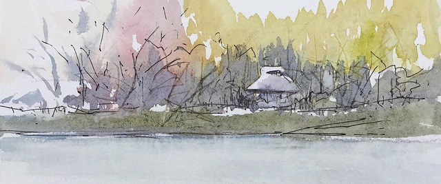 1.6 けいはんな記念公園 ④ ヴィファール ハガキサイズ 水彩＆ボールペン