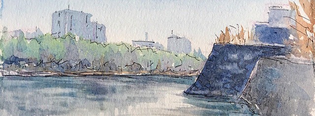 2.2 大阪城公園にて ③ ヴィファール ハガキサイズ 水彩＆ボールペン