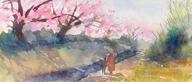 4.7 奈良 平城宮跡 桜 アヴァロン 190×440mm 水彩