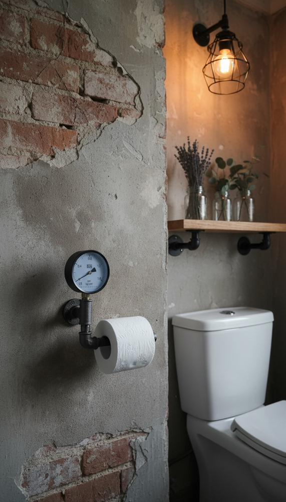 Industrielles Loft-Design für dein Badezimmer: WC-Papier Rollenhalter aus Rohren mit integriertem Manometer – einzigartig, robust und stylisch für Schweizer Wohnträume.