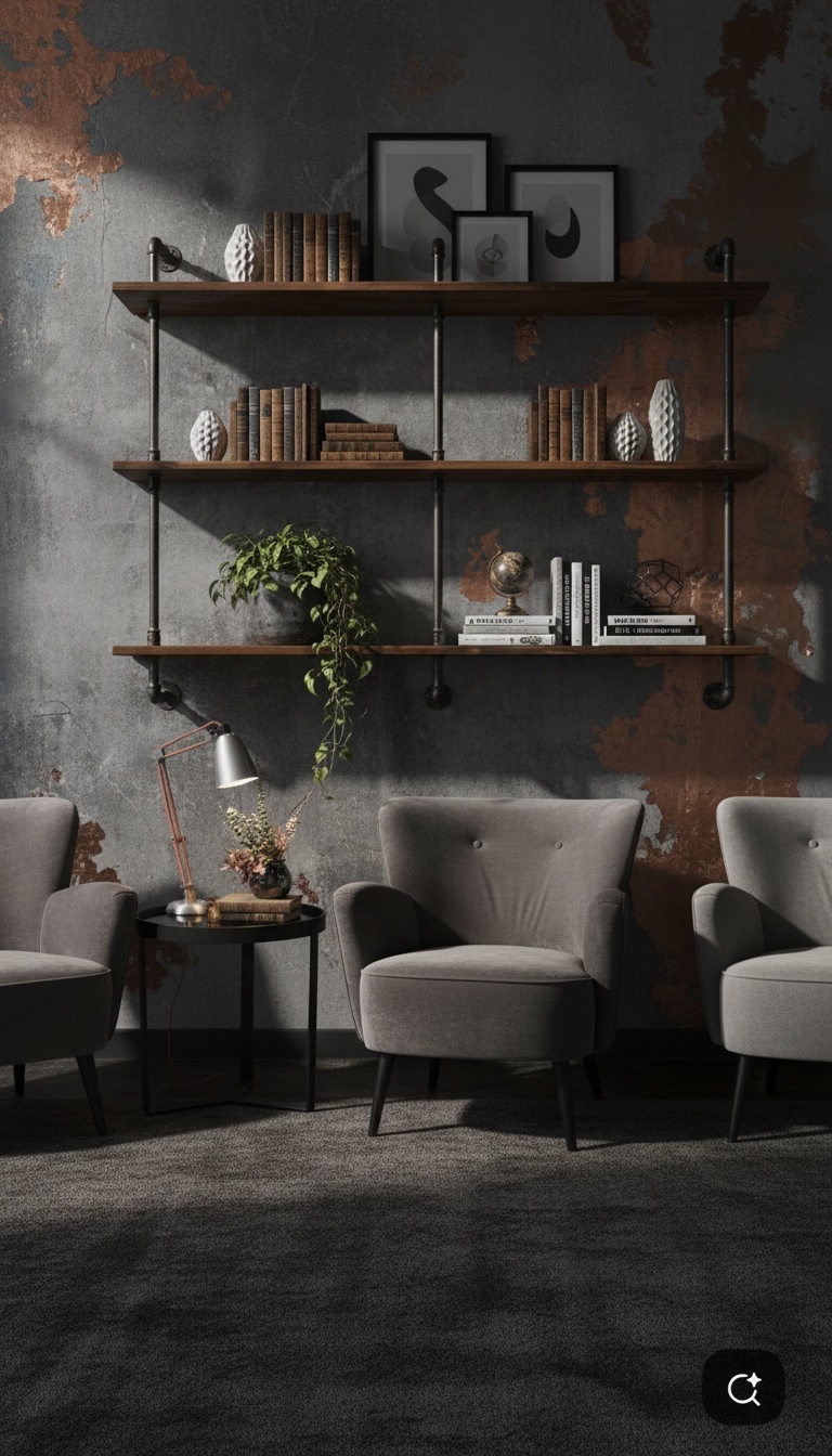 Breites Industrial Wandregal mit drei Holzablagen auf schwarzen Rohrhalterungen über Sitzgruppe im modernen Wohnzimmer.