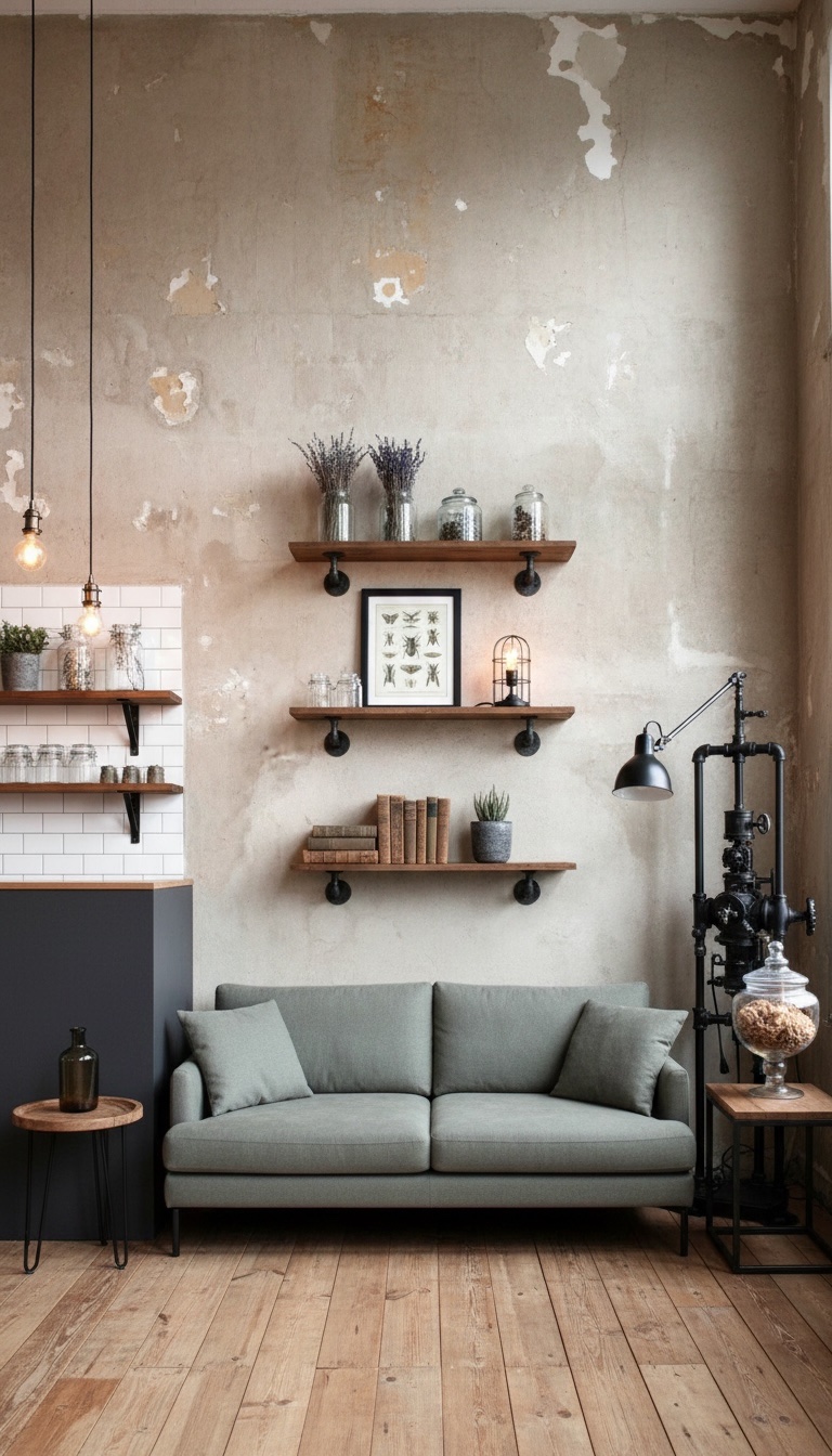 Freihängende Wandregale im Industrial-Stil aus Holz und schwarzem Metall, minimalistisch an der Wand montiert und platzsparend angeordnet.