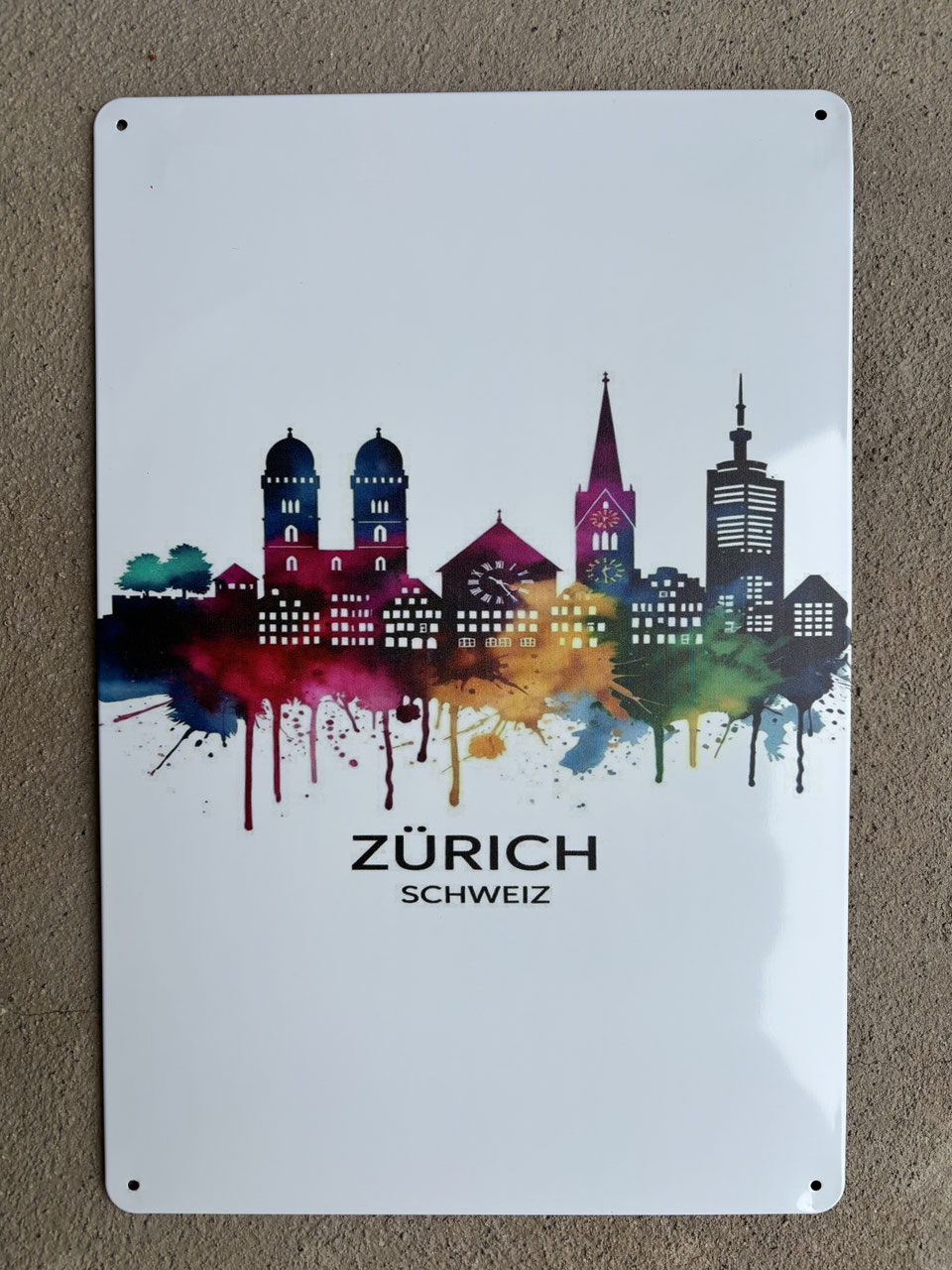 Zürich Skyline Deko Schweiz – Blechschild Stadtmotiv im modernen Farbdesign | Metall Wanddeko für Wohnzimmer, Büro & Geschenkidee Zürich Art