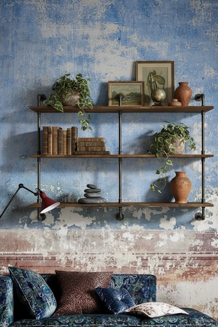 3-stufiges Industrial Wandregal aus schwarzen Stahlrohren mit massiven Holzböden im modernen Loft-Design, platzsparend an der Wand montiert