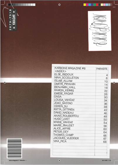 Karbone Magazine n°8 Parasites, Revue d'art de 72 pages, 20x30cm, Les éditions Karbone, 2020