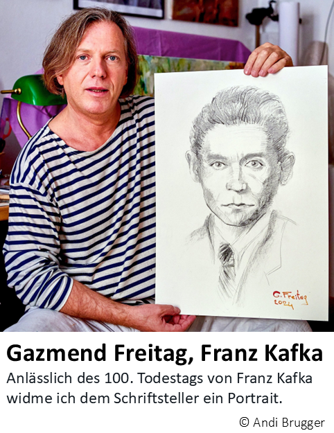 Gazmend Freitag mit seiner Portrait von Franz Kafka. © Andi Brugger Photography