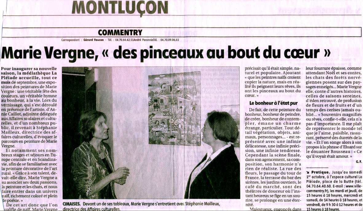 Marie Vergne, "des pinceaux au bout du coeur" - Par Gérard Faucon - Commentry - 7/09/2005