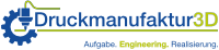 Logo der Druckmanufaktur3D mit dem Schriftzug Druckmanufaktur3D Slogan Auftrag. Engineering. Realisierung. Als Symbol ist ein Zahnrad zu sehen und eine stilisierte Druckdüse mit Filament die eine gerade Linie zur Unterschrift des Firmennamens druckt