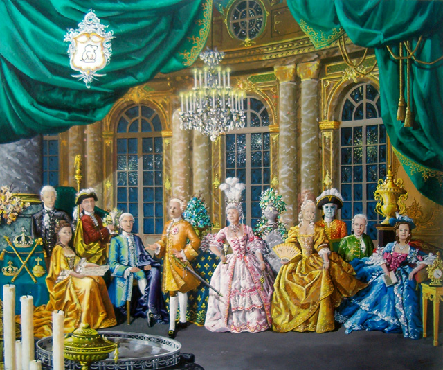 Familieportret in stijl 18e eeuw. Acrylverf op paneel. 60 bij 80 cm.