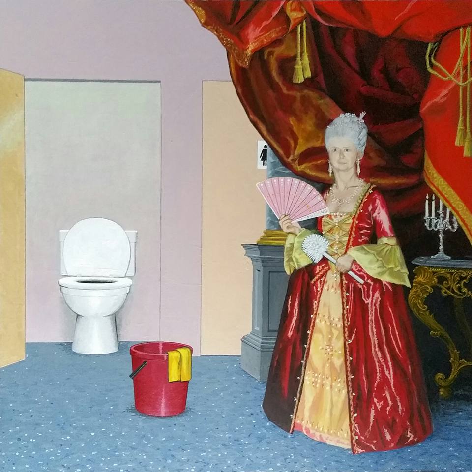 Toilet maken. Acrylverf op paneel. 40 bij 61 cm.