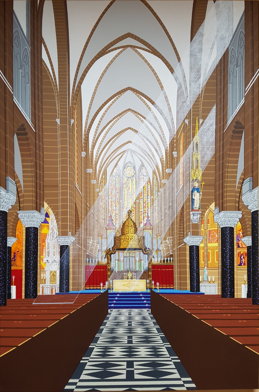 Interieur Dominicanenkerk Zwolle, Acryl op doek, 120 bij 80 cm. Dit schilderij heb ik veranderd en is nu 'Veertigurengebed'.